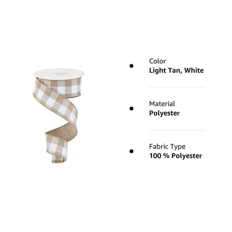 Craig Bachman Plaid Check Wired Edge Ribbon - 10 Yards (Light Tan, White, 1.5") - Image 3